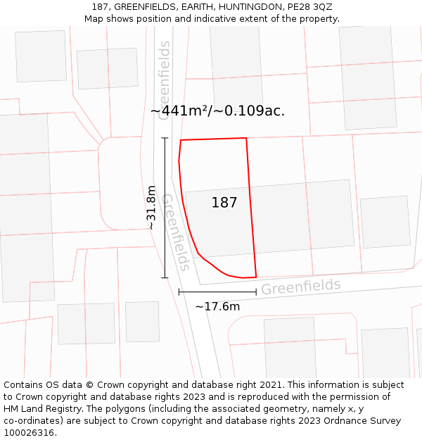 187, GREENFIELDS, EARITH, HUNTINGDON, PE28 3QZ: Plot and title map