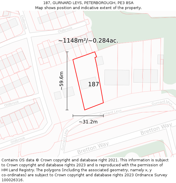 187, GURNARD LEYS, PETERBOROUGH, PE3 8SA: Plot and title map