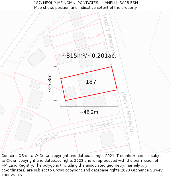 187, HEOL Y MEINCIAU, PONTYATES, LLANELLI, SA15 5SN: Plot and title map