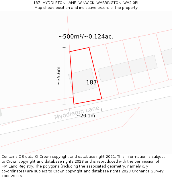 187, MYDDLETON LANE, WINWICK, WARRINGTON, WA2 0RL: Plot and title map