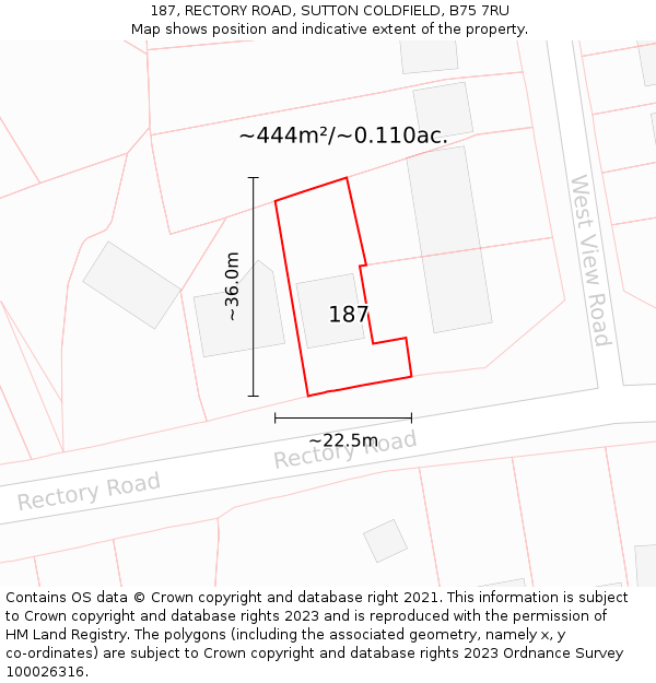 187, RECTORY ROAD, SUTTON COLDFIELD, B75 7RU: Plot and title map