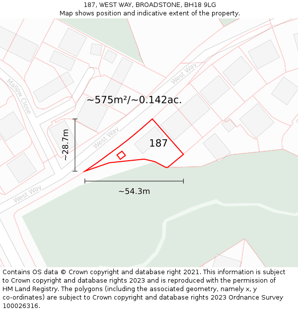 187, WEST WAY, BROADSTONE, BH18 9LG: Plot and title map