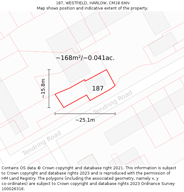 187, WESTFIELD, HARLOW, CM18 6AN: Plot and title map