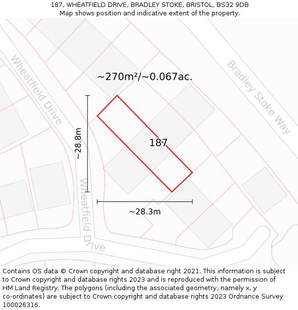 187, WHEATFIELD DRIVE, BRADLEY STOKE, BRISTOL, BS32 9DB: Plot and title map