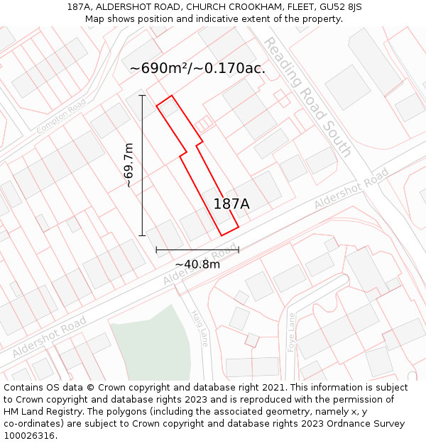 187A, ALDERSHOT ROAD, CHURCH CROOKHAM, FLEET, GU52 8JS: Plot and title map