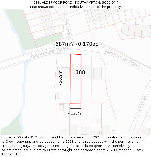 188, ALDERMOOR ROAD, SOUTHAMPTON, SO16 5NP: Plot and title map