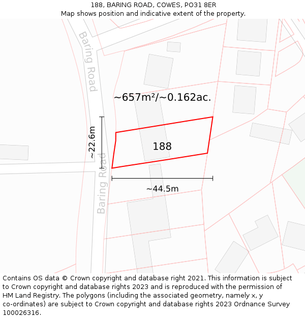 188, BARING ROAD, COWES, PO31 8ER: Plot and title map