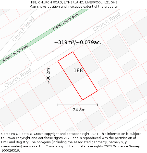 188, CHURCH ROAD, LITHERLAND, LIVERPOOL, L21 5HE: Plot and title map