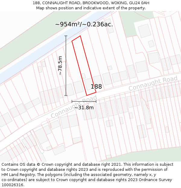 188, CONNAUGHT ROAD, BROOKWOOD, WOKING, GU24 0AH: Plot and title map