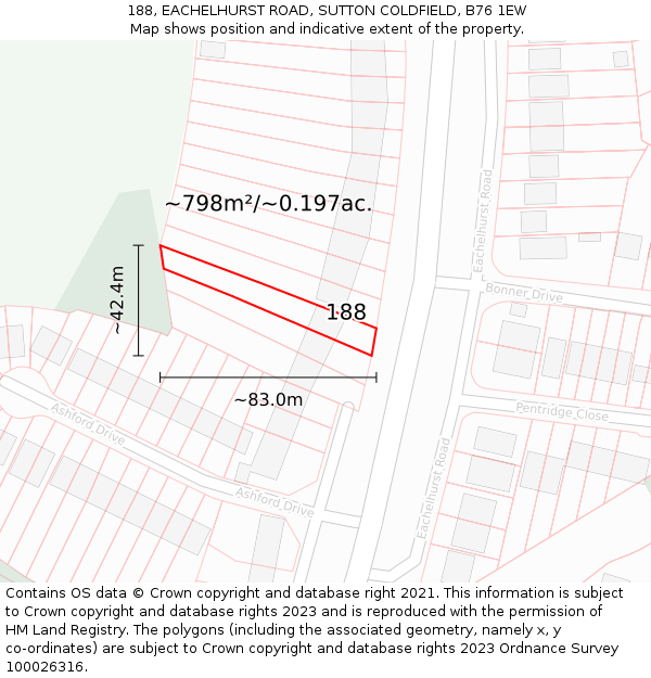 188, EACHELHURST ROAD, SUTTON COLDFIELD, B76 1EW: Plot and title map