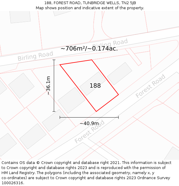 188, FOREST ROAD, TUNBRIDGE WELLS, TN2 5JB: Plot and title map
