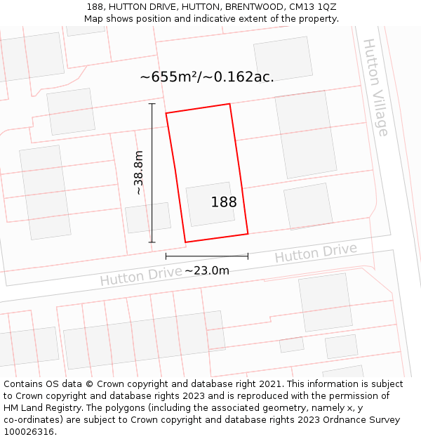 188, HUTTON DRIVE, HUTTON, BRENTWOOD, CM13 1QZ: Plot and title map