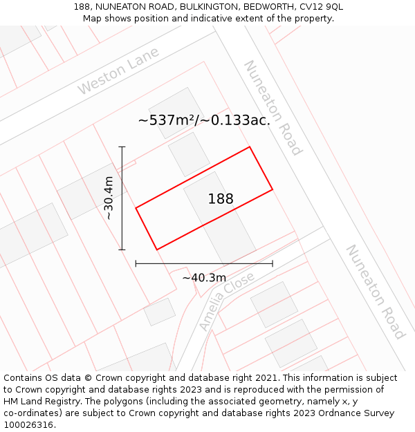188, NUNEATON ROAD, BULKINGTON, BEDWORTH, CV12 9QL: Plot and title map