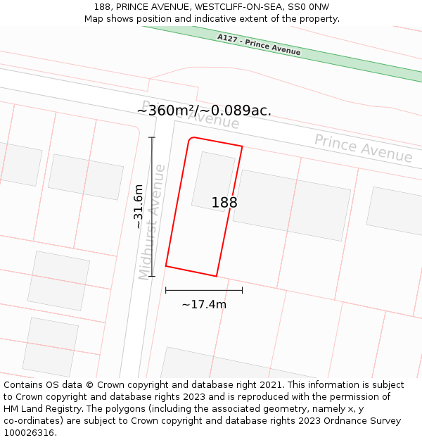 188, PRINCE AVENUE, WESTCLIFF-ON-SEA, SS0 0NW: Plot and title map