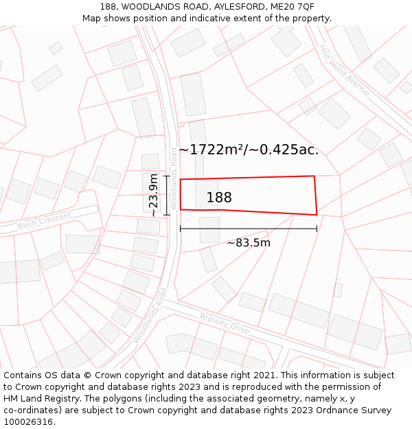 188, WOODLANDS ROAD, AYLESFORD, ME20 7QF: Plot and title map