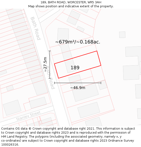 189, BATH ROAD, WORCESTER, WR5 3AH: Plot and title map