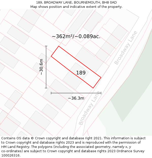 189, BROADWAY LANE, BOURNEMOUTH, BH8 0AD: Plot and title map