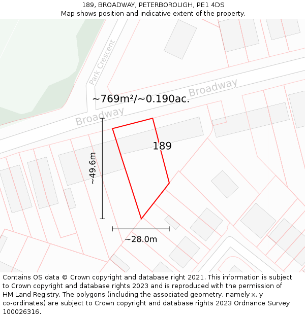 189, BROADWAY, PETERBOROUGH, PE1 4DS: Plot and title map