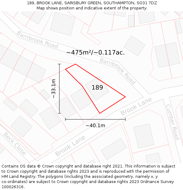 189, BROOK LANE, SARISBURY GREEN, SOUTHAMPTON, SO31 7DZ: Plot and title map