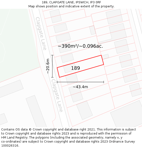 189, CLAPGATE LANE, IPSWICH, IP3 0RF: Plot and title map