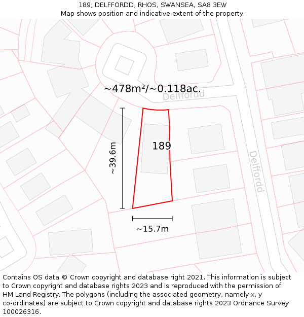 189, DELFFORDD, RHOS, SWANSEA, SA8 3EW: Plot and title map
