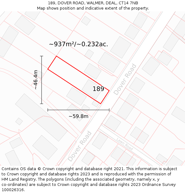 189, DOVER ROAD, WALMER, DEAL, CT14 7NB: Plot and title map