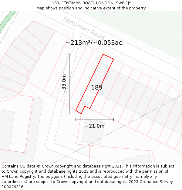 189, FENTIMAN ROAD, LONDON, SW8 1JY: Plot and title map