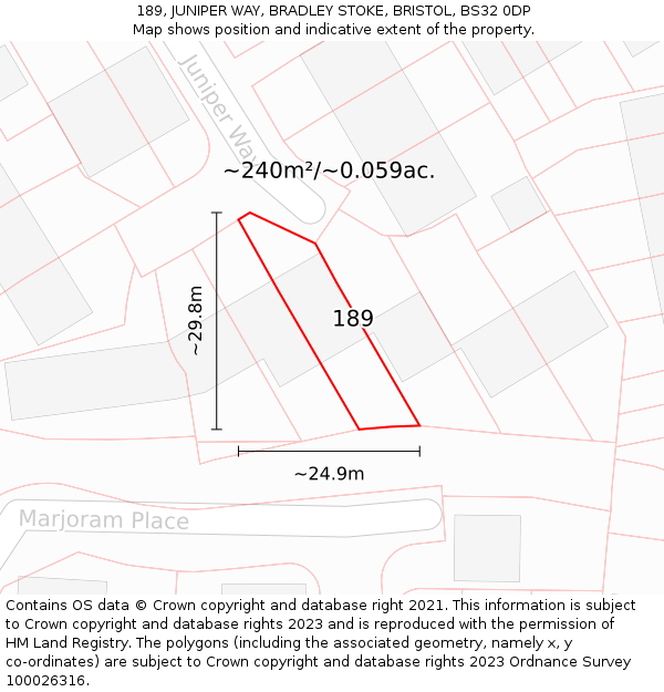 189, JUNIPER WAY, BRADLEY STOKE, BRISTOL, BS32 0DP: Plot and title map
