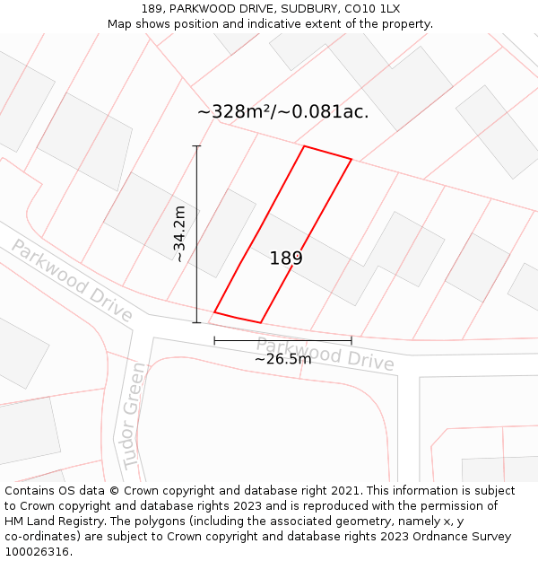189, PARKWOOD DRIVE, SUDBURY, CO10 1LX: Plot and title map