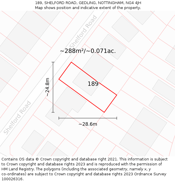 189, SHELFORD ROAD, GEDLING, NOTTINGHAM, NG4 4JH: Plot and title map