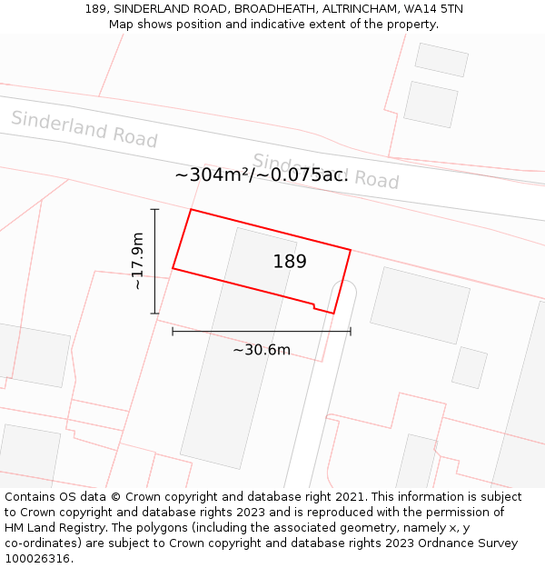 189, SINDERLAND ROAD, BROADHEATH, ALTRINCHAM, WA14 5TN: Plot and title map