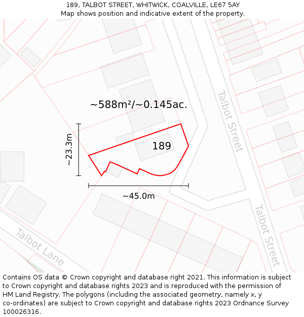 189, TALBOT STREET, WHITWICK, COALVILLE, LE67 5AY: Plot and title map