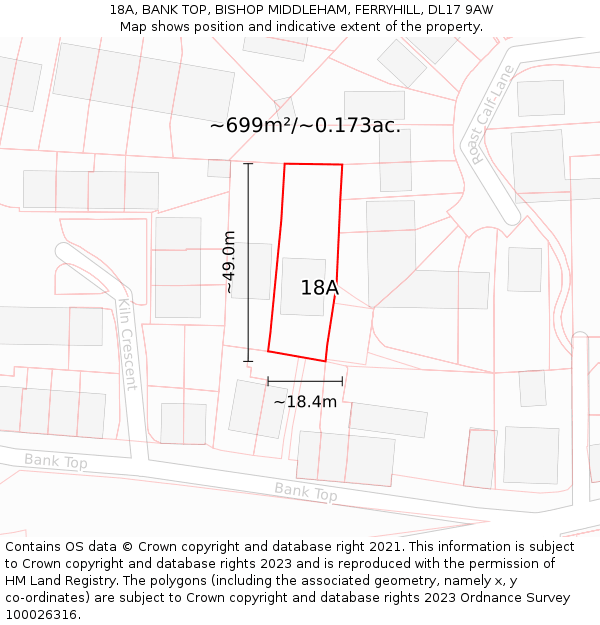 18A, BANK TOP, BISHOP MIDDLEHAM, FERRYHILL, DL17 9AW: Plot and title map