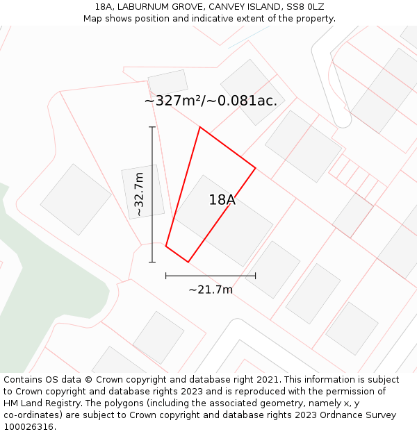 18A, LABURNUM GROVE, CANVEY ISLAND, SS8 0LZ: Plot and title map