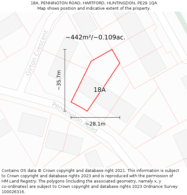 18A, PENNINGTON ROAD, HARTFORD, HUNTINGDON, PE29 1QA: Plot and title map
