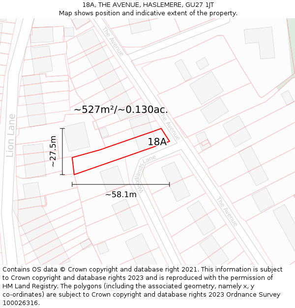 18A, THE AVENUE, HASLEMERE, GU27 1JT: Plot and title map