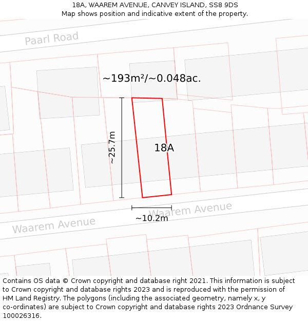 18A, WAAREM AVENUE, CANVEY ISLAND, SS8 9DS: Plot and title map
