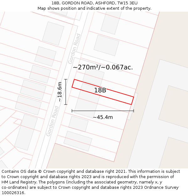 18B, GORDON ROAD, ASHFORD, TW15 3EU: Plot and title map