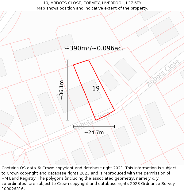 19, ABBOTS CLOSE, FORMBY, LIVERPOOL, L37 6EY: Plot and title map