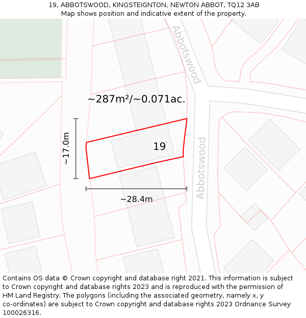 19, ABBOTSWOOD, KINGSTEIGNTON, NEWTON ABBOT, TQ12 3AB: Plot and title map