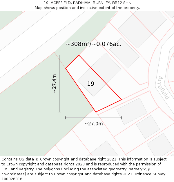 19, ACREFIELD, PADIHAM, BURNLEY, BB12 8HN: Plot and title map