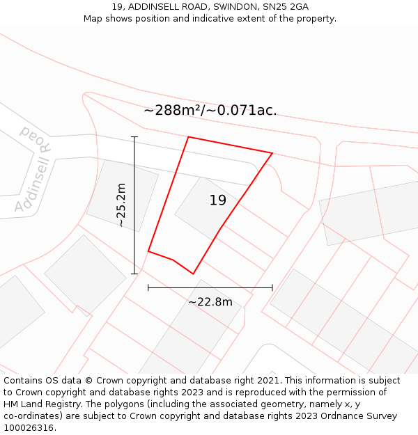 19, ADDINSELL ROAD, SWINDON, SN25 2GA: Plot and title map