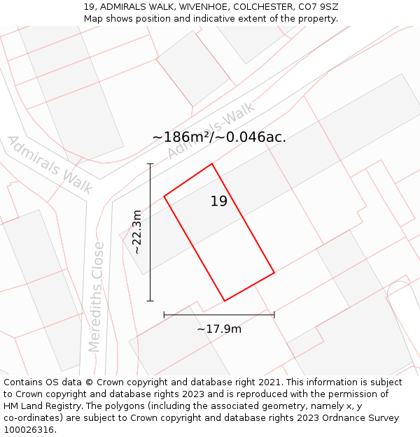 19, ADMIRALS WALK, WIVENHOE, COLCHESTER, CO7 9SZ: Plot and title map