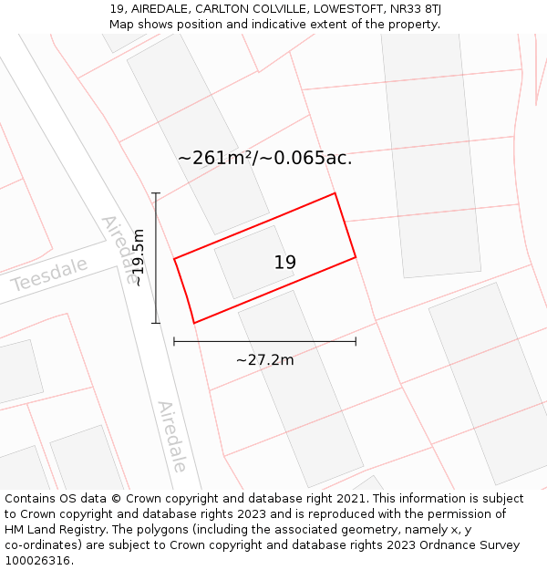 19, AIREDALE, CARLTON COLVILLE, LOWESTOFT, NR33 8TJ: Plot and title map