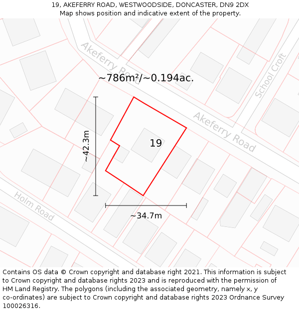 19, AKEFERRY ROAD, WESTWOODSIDE, DONCASTER, DN9 2DX: Plot and title map