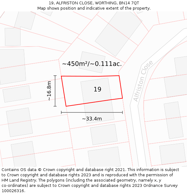 19, ALFRISTON CLOSE, WORTHING, BN14 7QT: Plot and title map