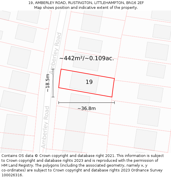 19, AMBERLEY ROAD, RUSTINGTON, LITTLEHAMPTON, BN16 2EF: Plot and title map