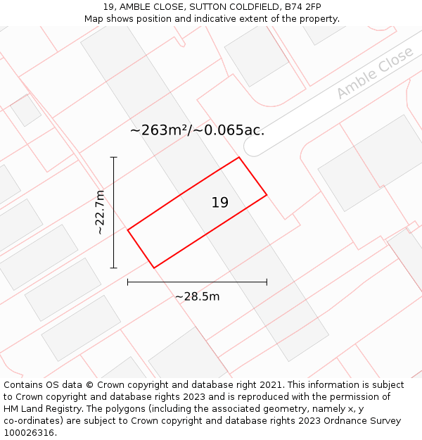 19, AMBLE CLOSE, SUTTON COLDFIELD, B74 2FP: Plot and title map