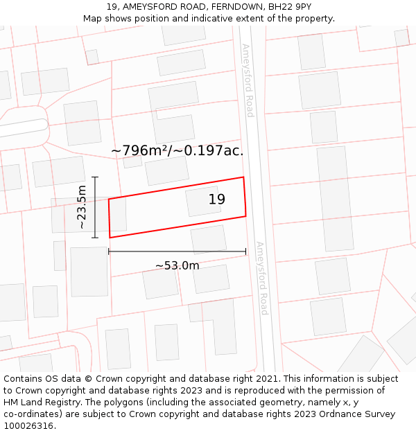 19, AMEYSFORD ROAD, FERNDOWN, BH22 9PY: Plot and title map