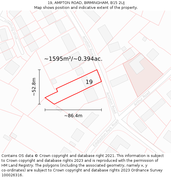 19, AMPTON ROAD, BIRMINGHAM, B15 2UJ: Plot and title map